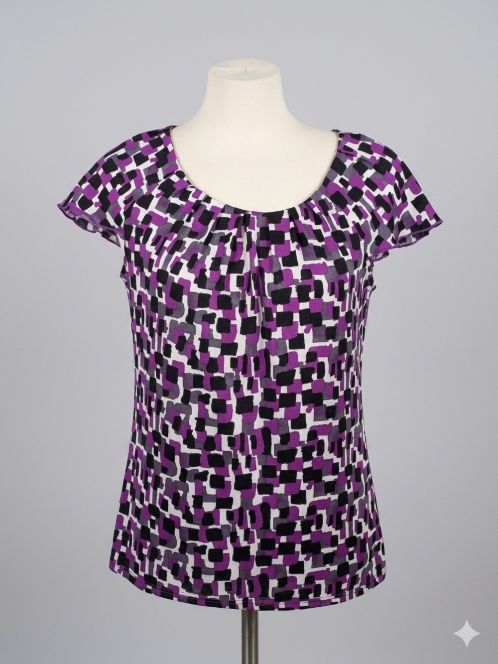 2/$15 Reitmans Purple Patterned Scoop Neck Blouse - Picture 2 of 6